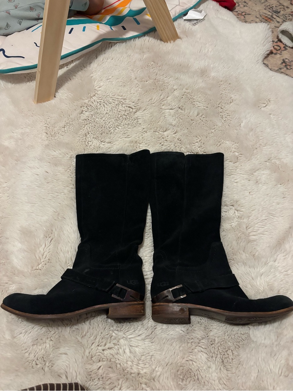 UGG Black Suede Mid-Calf Harness Heeled Boots